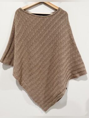 100% Cashmere Asymmetric Boat Neck Cable Knit Brown Poncho Cape One Size